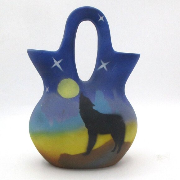 Wedding Vase With Wolf Howling At Moon Design - Double Spout - Hand-Painted - S - Picture 2 of 5